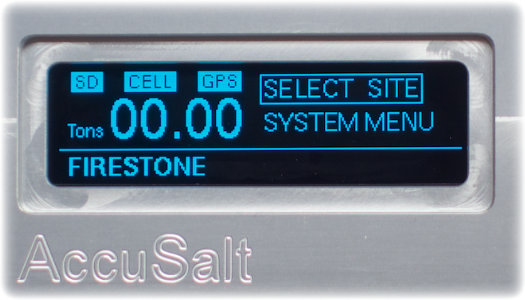 Home Screen of the AccuSalt Salt Application Monitor. This shows the site name and total tons used on that site.