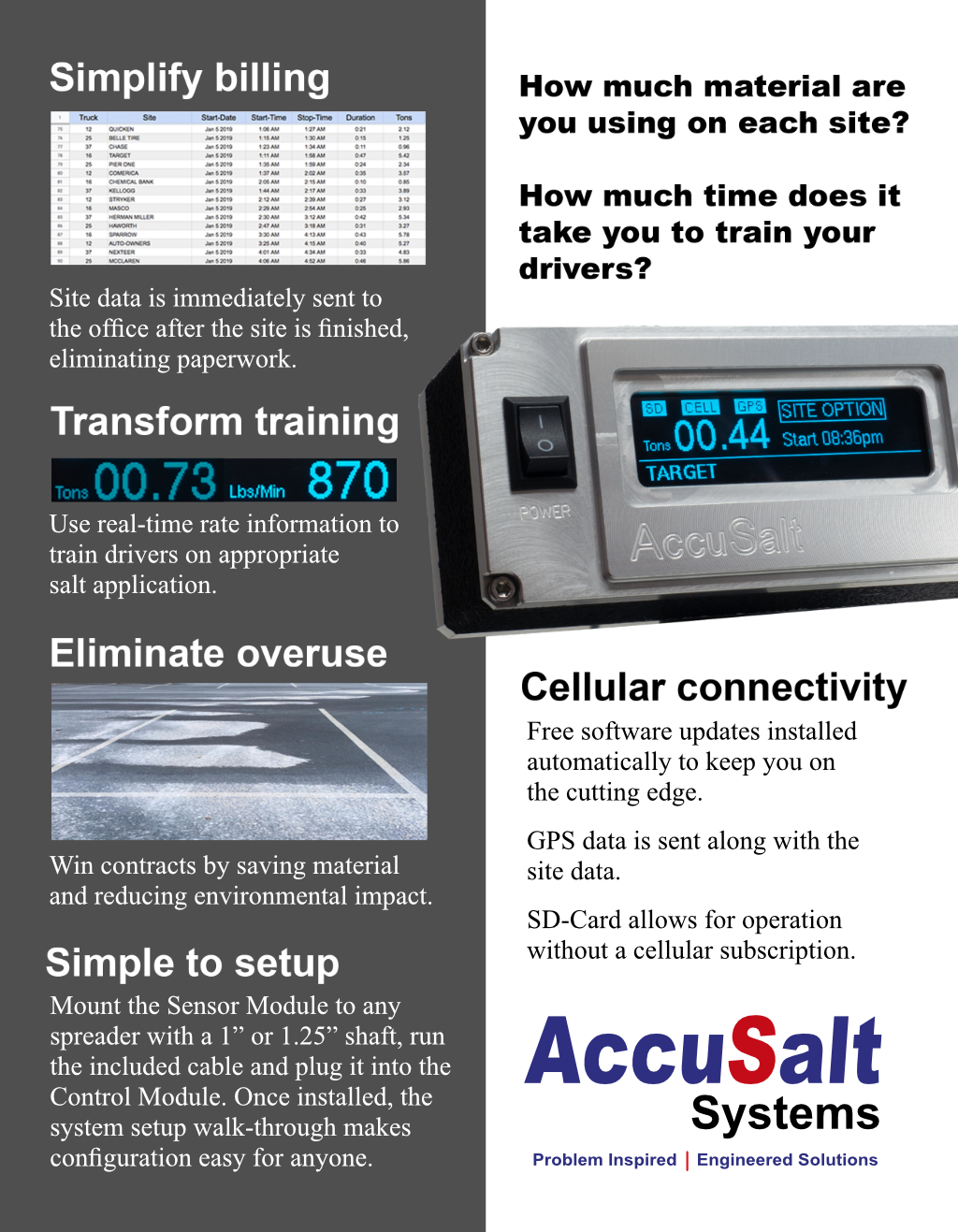 The Accusalt is a great tool that is cellularly connected so the data can be sent back to the office.